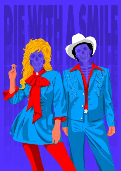 dessin digital représentant lady gaga et bruno mars avec à la place du visage un squelette